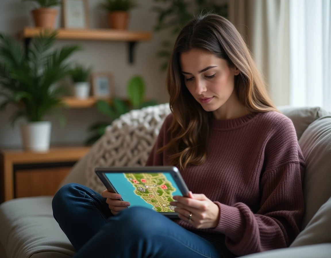 Joueuse étudiant une carte de quête sur tablette avec des marqueurs numérotés dans un salon cosy