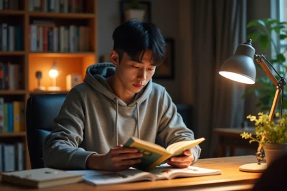 Jeune homme lisant un manga One Punch Man à son bureau entouré de volumes de manga