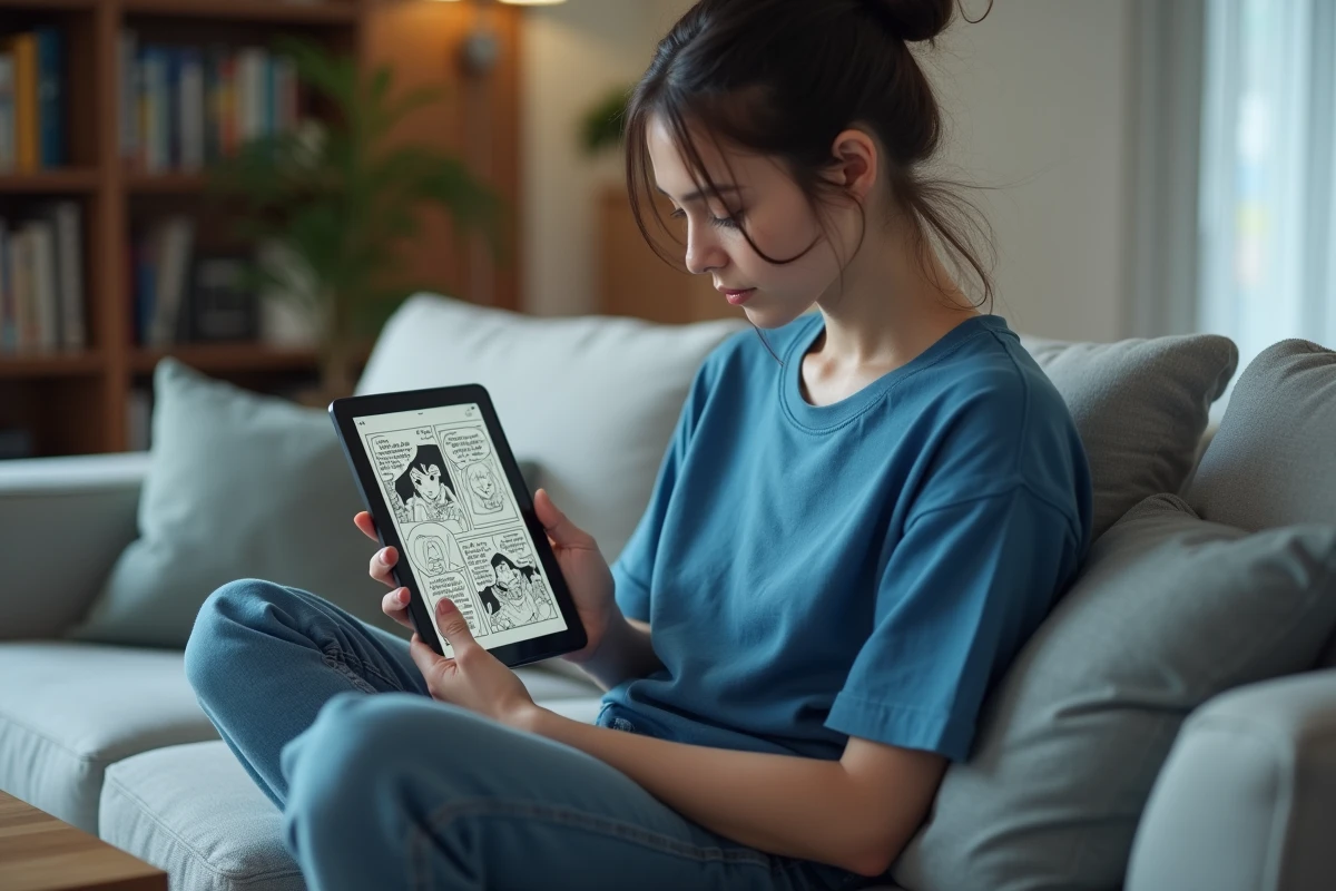 Jeune femme lisant un scan de manga sur tablette numérique dans un salon moderne