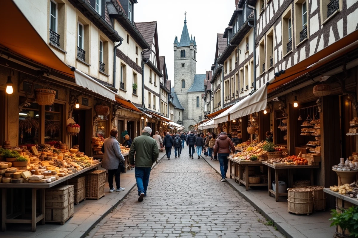 Marché traditionnel normand dans les rues pavées d'Alençon avec maisons à colombages, Orne département 61