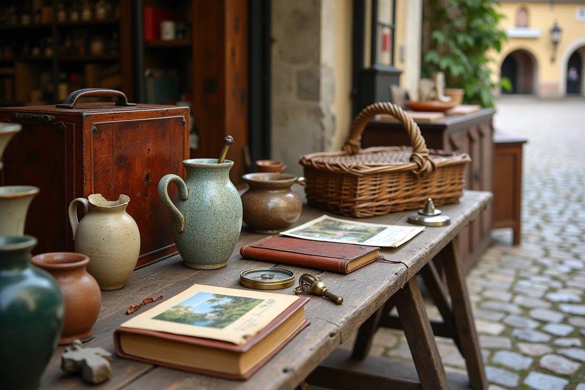 Objets de brocante anciens disposés sur une table en bois lors d'un vide grenier en Lot-et-Garonne