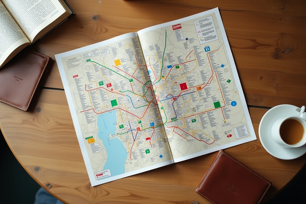 Vue aérienne d'un plan simplifié du métro de Paris posé sur une table de café avec un espresso et un guide touristique