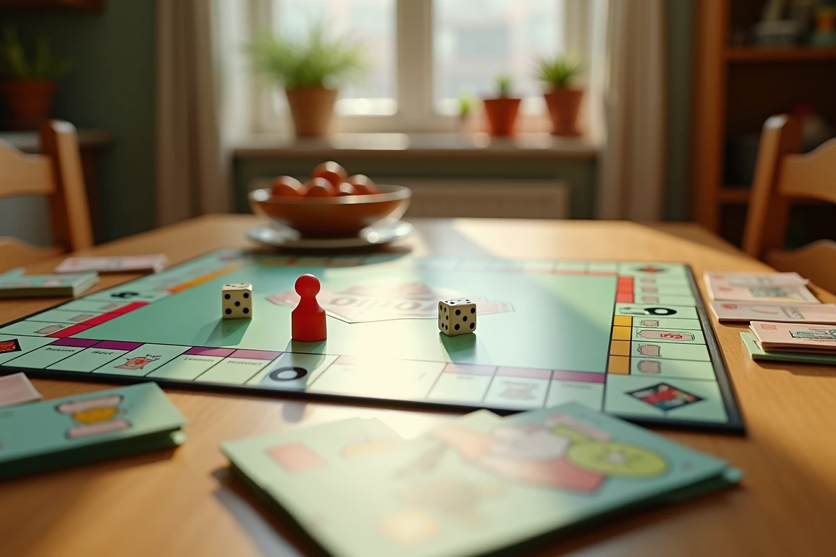Plateau de Monopoly Junior édition classique déployé sur une table en bois avec billets colorés, dés et pions