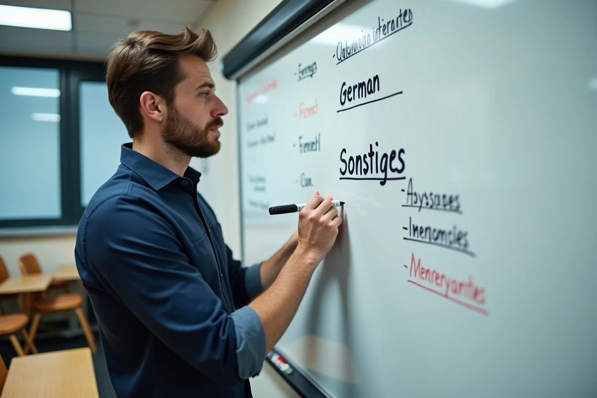 Professeur écrivant des mémo techniques au tableau pour expliquer la traduction du terme allemand sonstiges