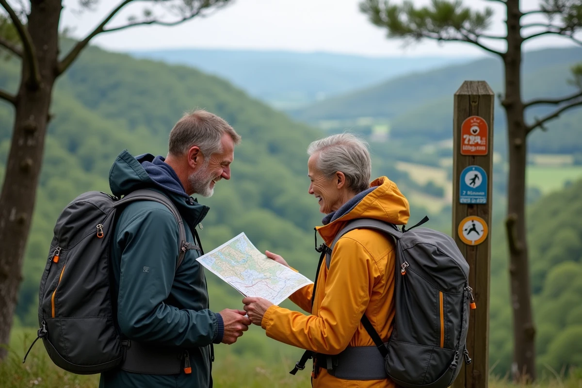 Couple de randonneurs consultant une carte touristique au belvédère du Parc Naturel Régional du Perche dans l'Orne