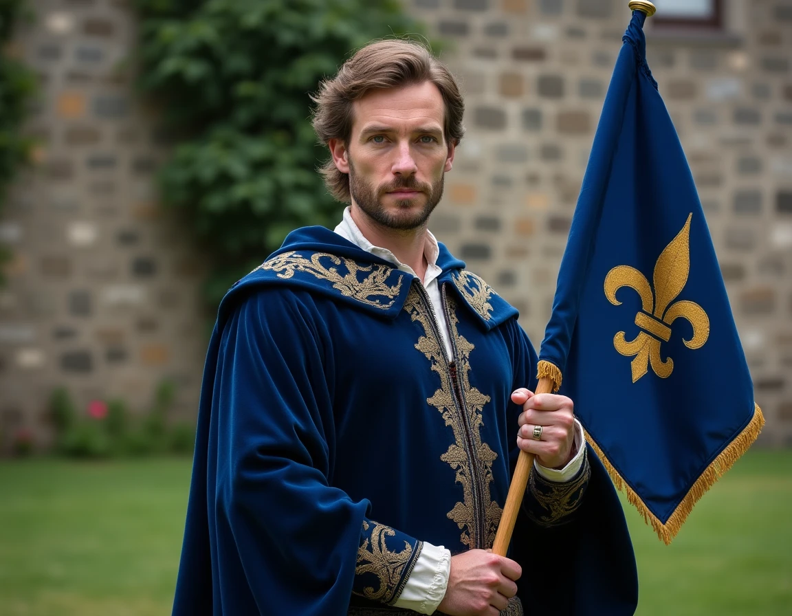 Reconstituteur historique tenant un étendard royal français à fleurs de lys devant un château médiéval en pierre