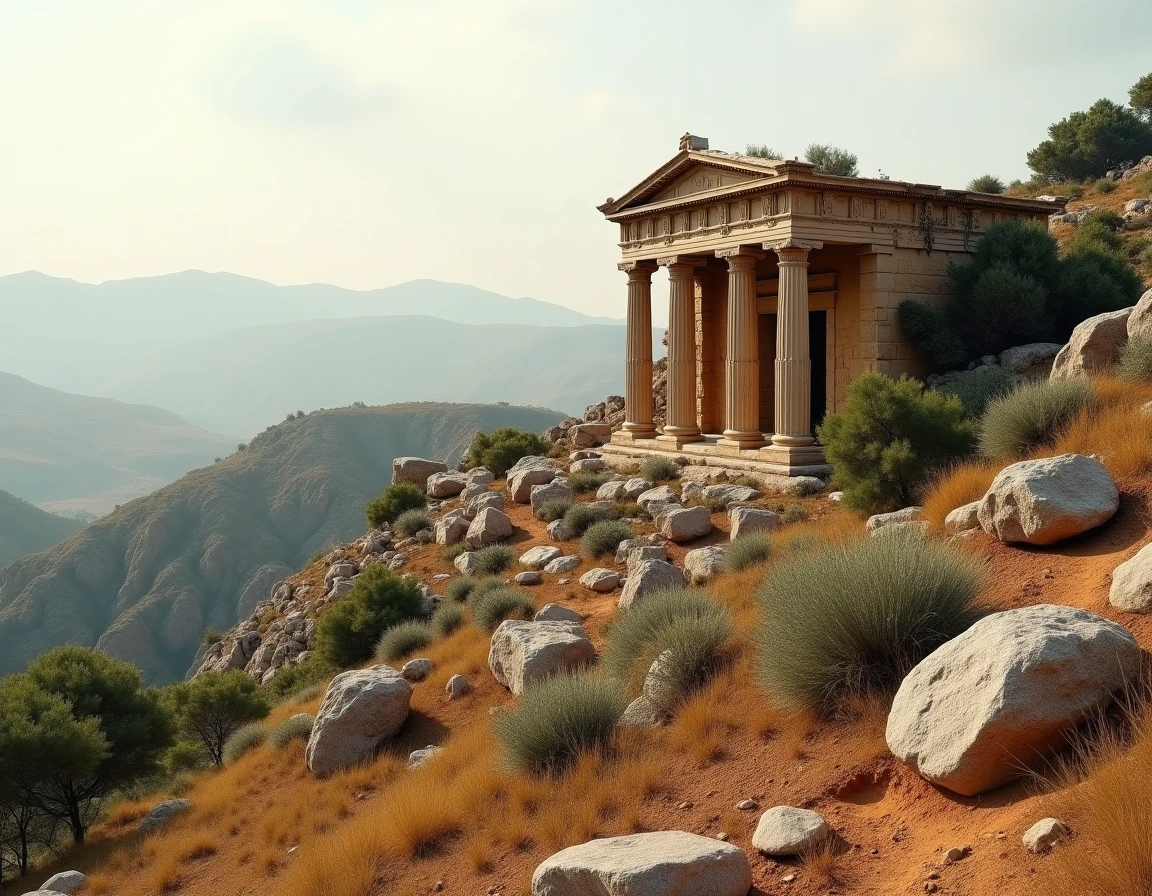 Ruines d'un temple grec antique dédié à Gaïa entouré de végétation méditerranéenne