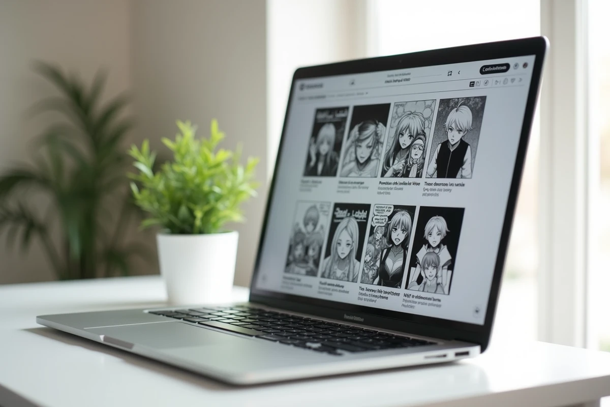 Ordinateur portable affichant un site légal de lecture de manga en français sur un bureau minimaliste