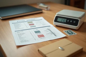 Tableau pratique du poids pour un timbre posté sur un bureau avec balance postale et enveloppe