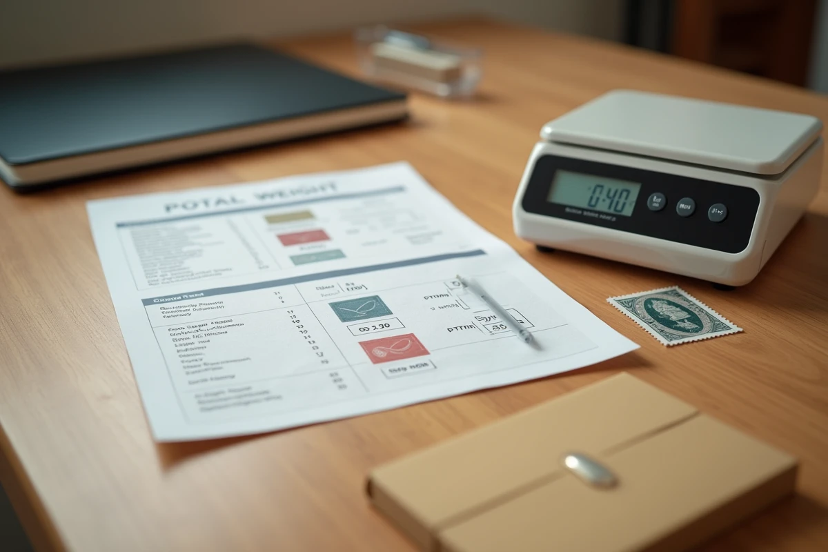 Tableau pratique du poids pour un timbre posté sur un bureau avec balance postale et enveloppe