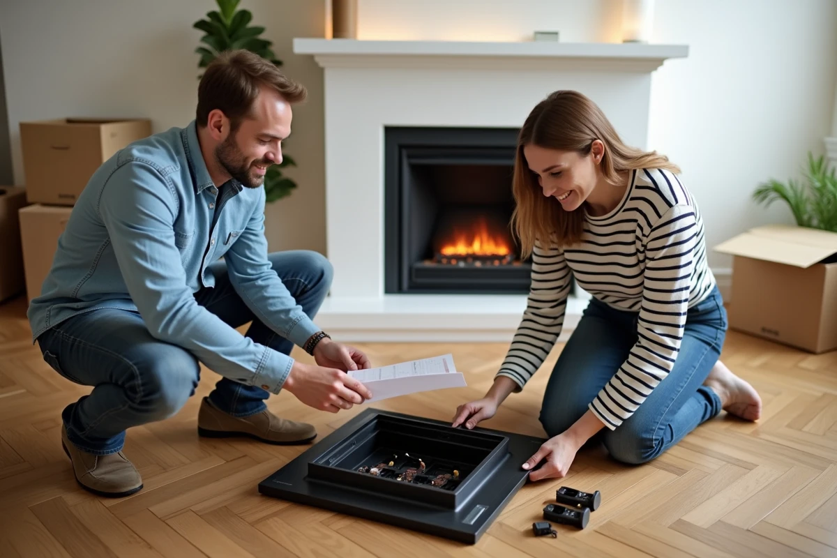 Couple vérifiant les composants d'une cheminée à flammes d'occasion après achat, inspection détaillée à domicile