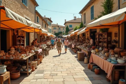 Vide grenier animé sur une place de village en Lot-et-Garonne avec tables de brocante et bâtisses en pierre