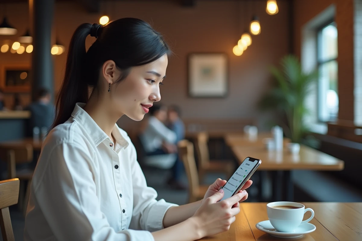 Femme utilisant une application VPN sur smartphone dans un café pour contourner un blocage internet