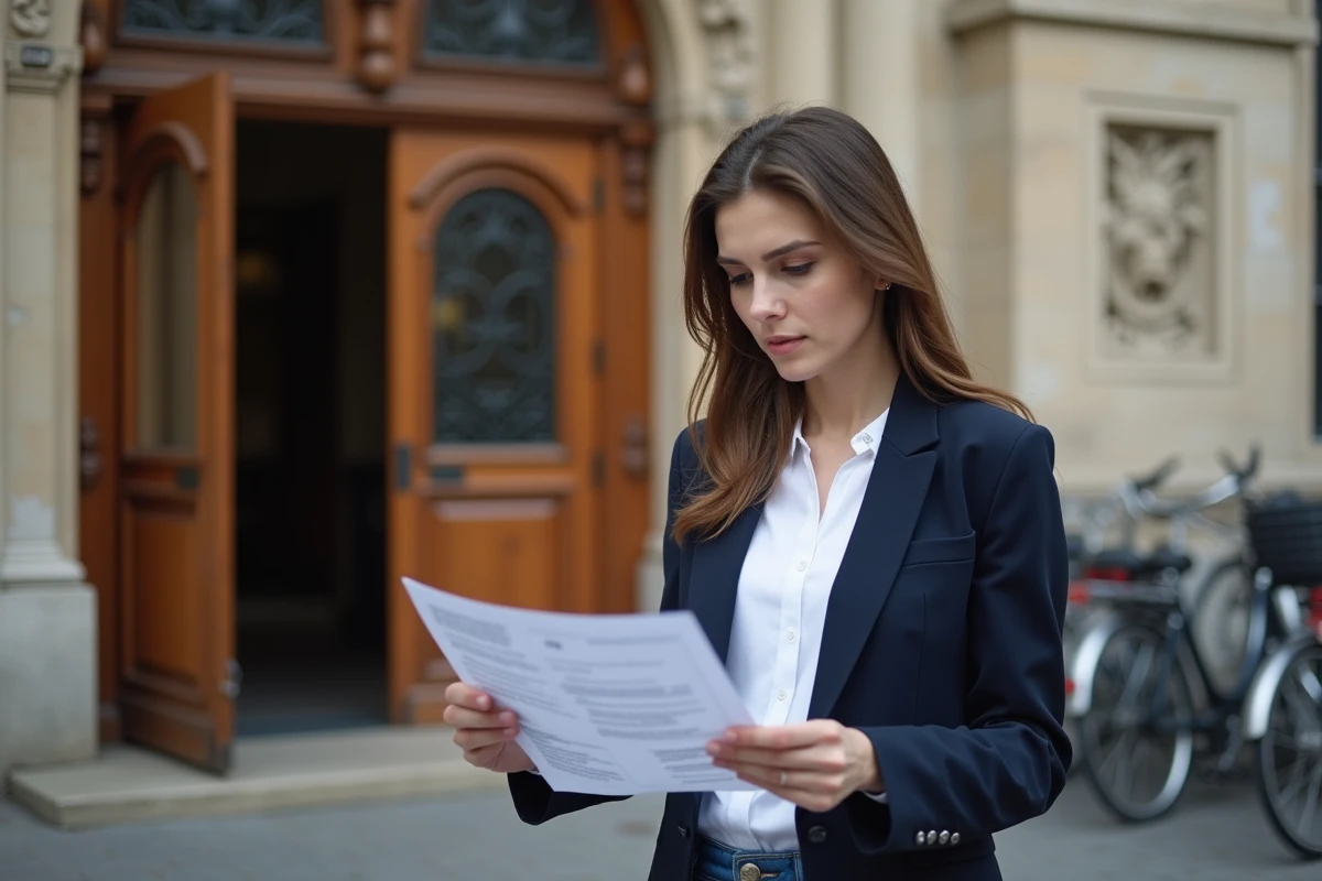 Femme tenant un acte de naissance devant la façade d'une mairie française en pierre