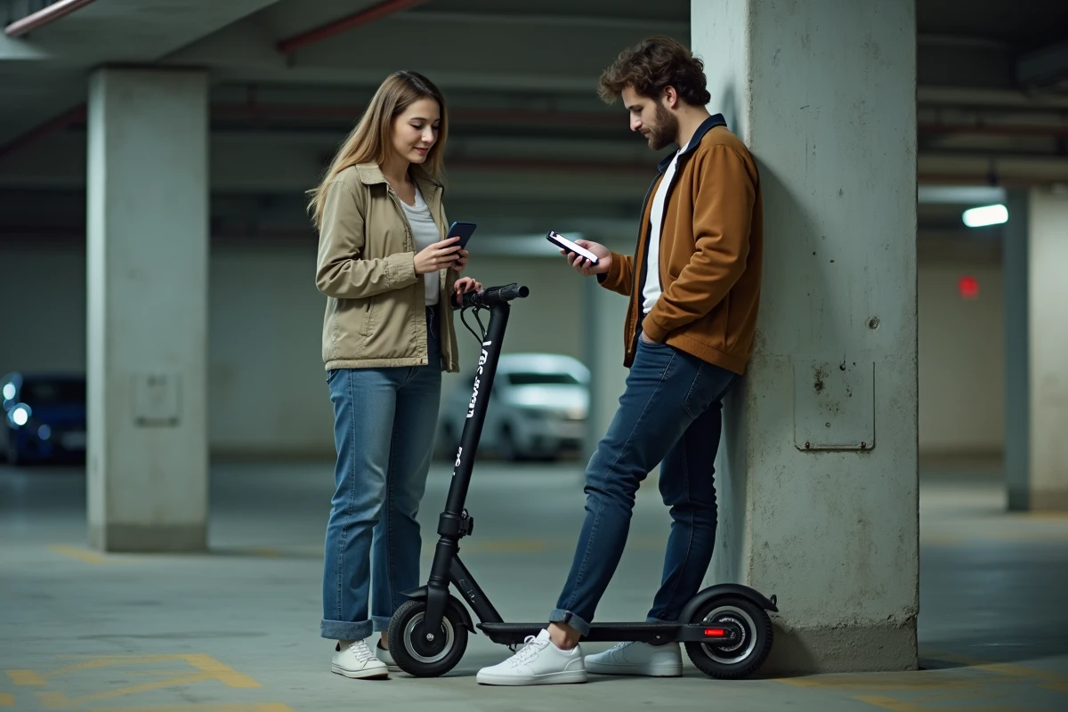 Deux amis consultant une application sur smartphone pour paramétrer une trottinette électrique dans un parking souterrain