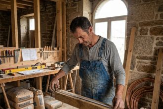 Artisan breton mesurant une poutre en bois dans une maison en rénovation dans le Finistère