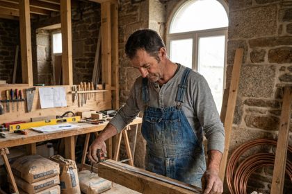 Artisan breton mesurant une poutre en bois dans une maison en rénovation dans le Finistère