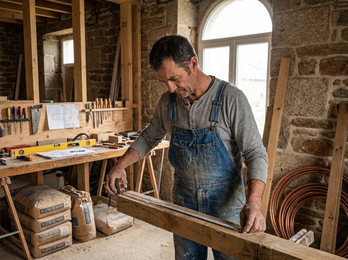 Artisan breton mesurant une poutre en bois dans une maison en rénovation dans le Finistère