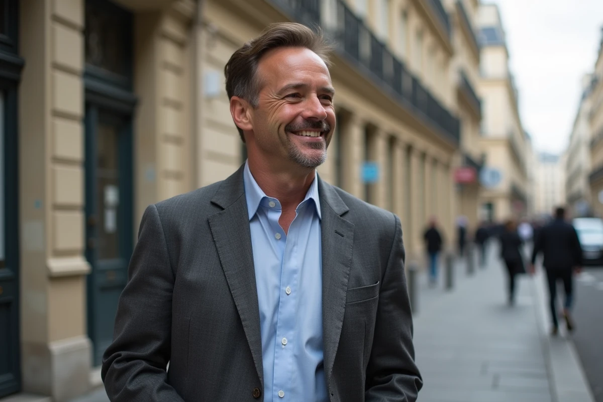 Animateur français Benoît Petitjean en extérieur à Paris, costume gris, sourire naturel devant une façade haussmannienne