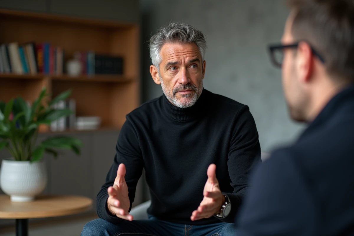 Benoît Petitjean lors d'une interview intimiste en intérieur minimaliste, pull col roulé, geste expressif de confidence