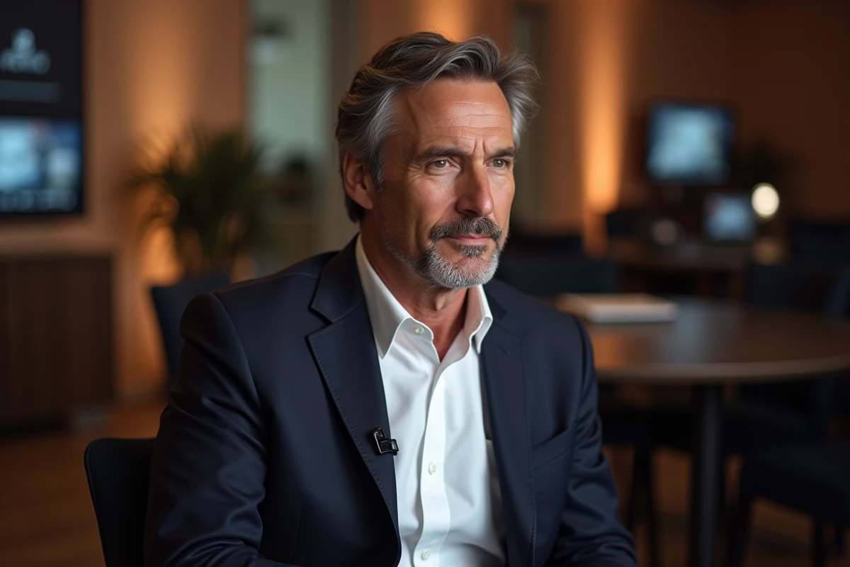 Portrait d'un animateur de télévision français en coulisses d'un studio TV, blazer marine, expression naturelle et détendue