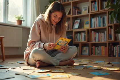 Jeune femme examinant une carte illustration spéciale Pokémon de l'extension Aventure Ensemble, entourée de cartes éparpillées sur un plancher en bois