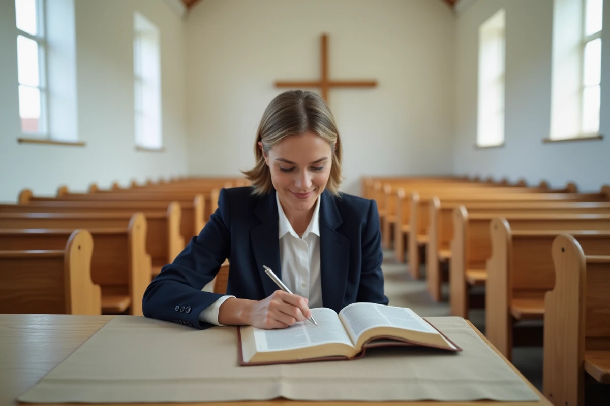 Femme lisant la Bible dans une chapelle protestante épurée aux murs blancs et croix en bois