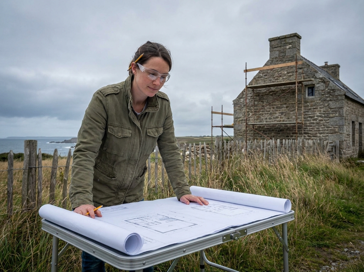 Femme cheffe de chantier consultant des plans devant une maison bretonne en travaux dans le Finistère