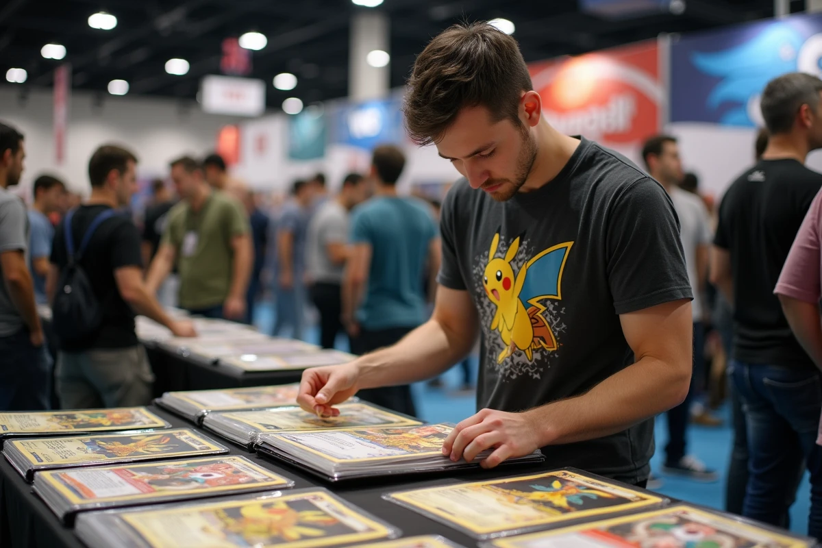 Collectionneur présentant des cartes illustration spéciale Pokémon dans des protège-cartes lors d'une convention de jeux de cartes à collectionner