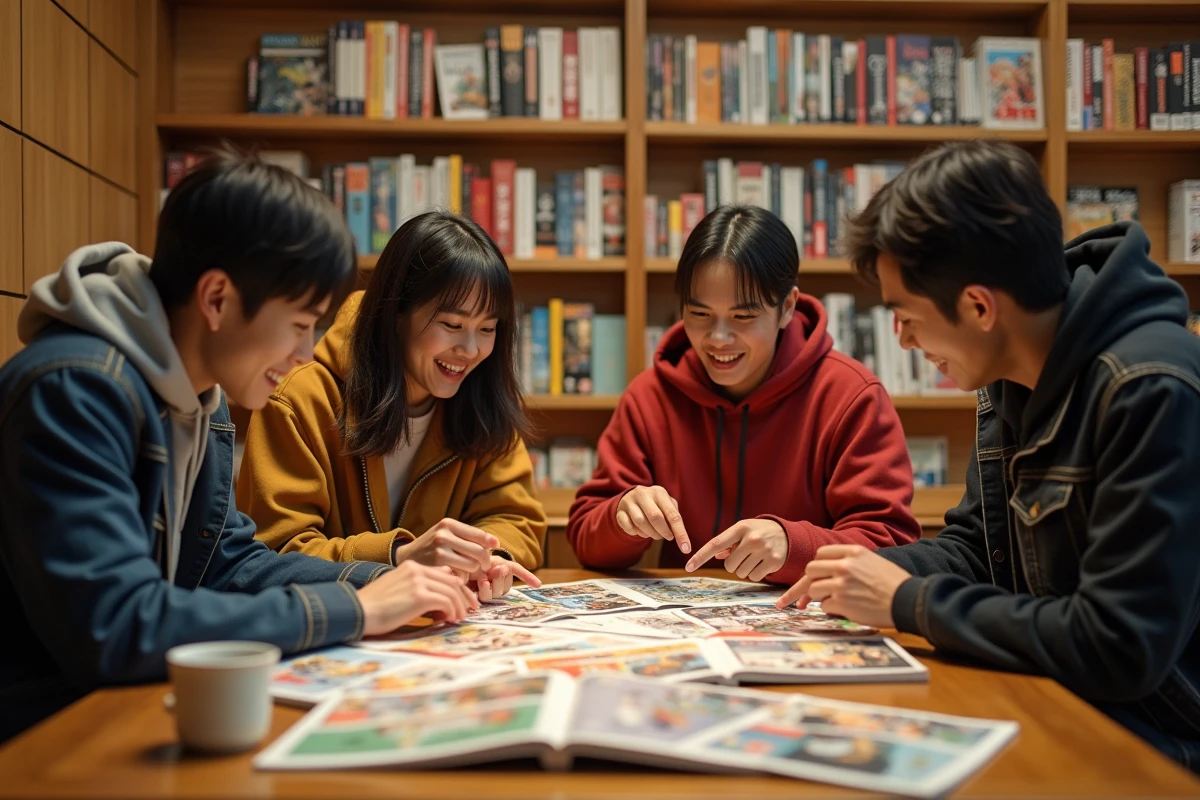 Groupe de fans adultes débattant passionnément autour de volumes de One Piece dans un café manga