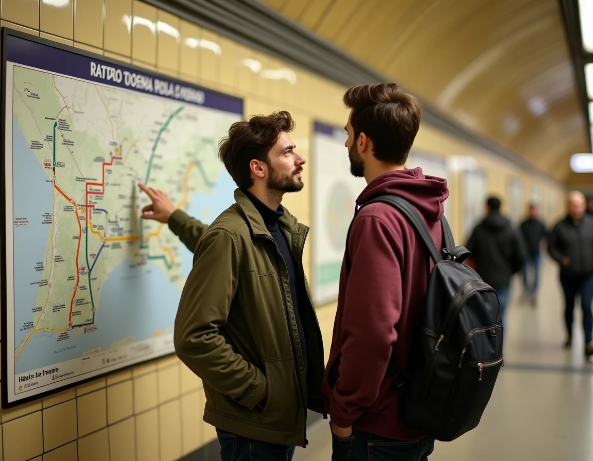 Couple étudiant la carte du réseau de bus RATP dans une station de métro parisienne