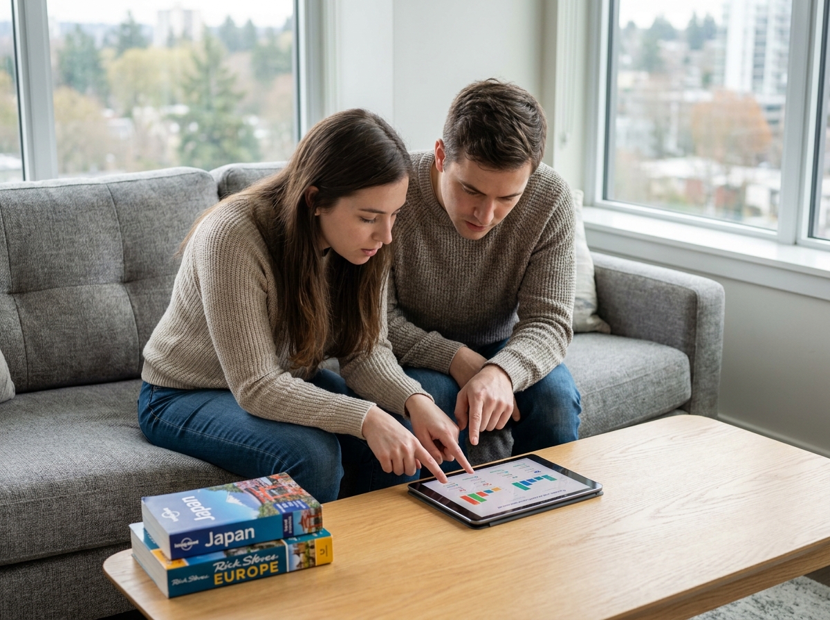 Couple comparant des offres d'assurance voyage sur une tablette avant de réserver leurs prochaines vacances