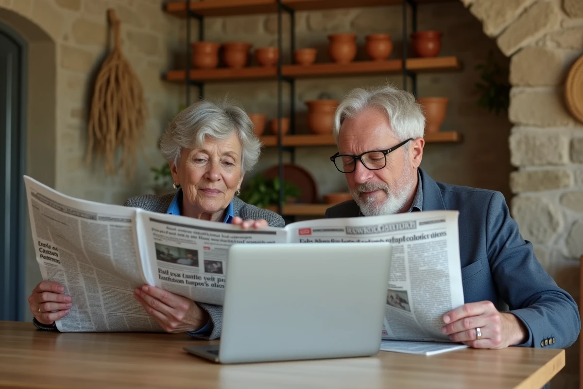 Couple corse comparant journal imprimé et site d'information numérique dans une cuisine traditionnelle en pierre