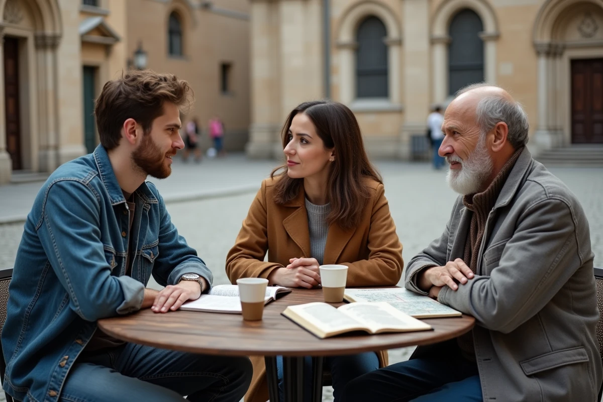 Trois personnes en conversation autour de textes religieux en terrasse devant une cathédrale gothique européenne