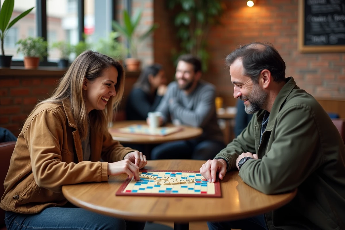 Deux adultes jouant une partie de Scrabble ensemble dans un café convivial, pointant des mots stratégiques sur le plateau