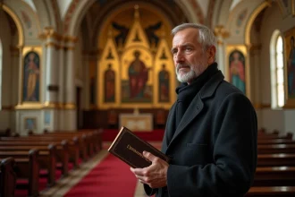 Homme tenant une Bible dans une église orthodoxe avec iconostase dorée et mosaïques byzantines