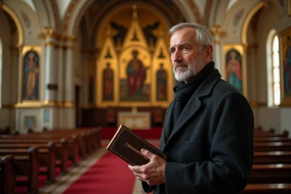 Homme tenant une Bible dans une église orthodoxe avec iconostase dorée et mosaïques byzantines