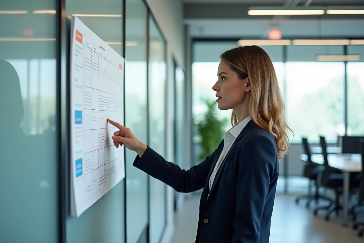 Femme professionnelle en bureau moderne consultant un calendrier semaines paires et impaires 2026 affiché au mur