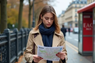 Jeune femme consultant une carte des bus RATP à un arrêt de bus parisien en automne
