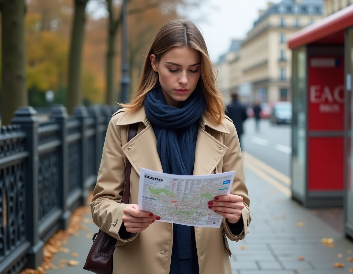 Jeune femme consultant une carte des bus RATP à un arrêt de bus parisien en automne