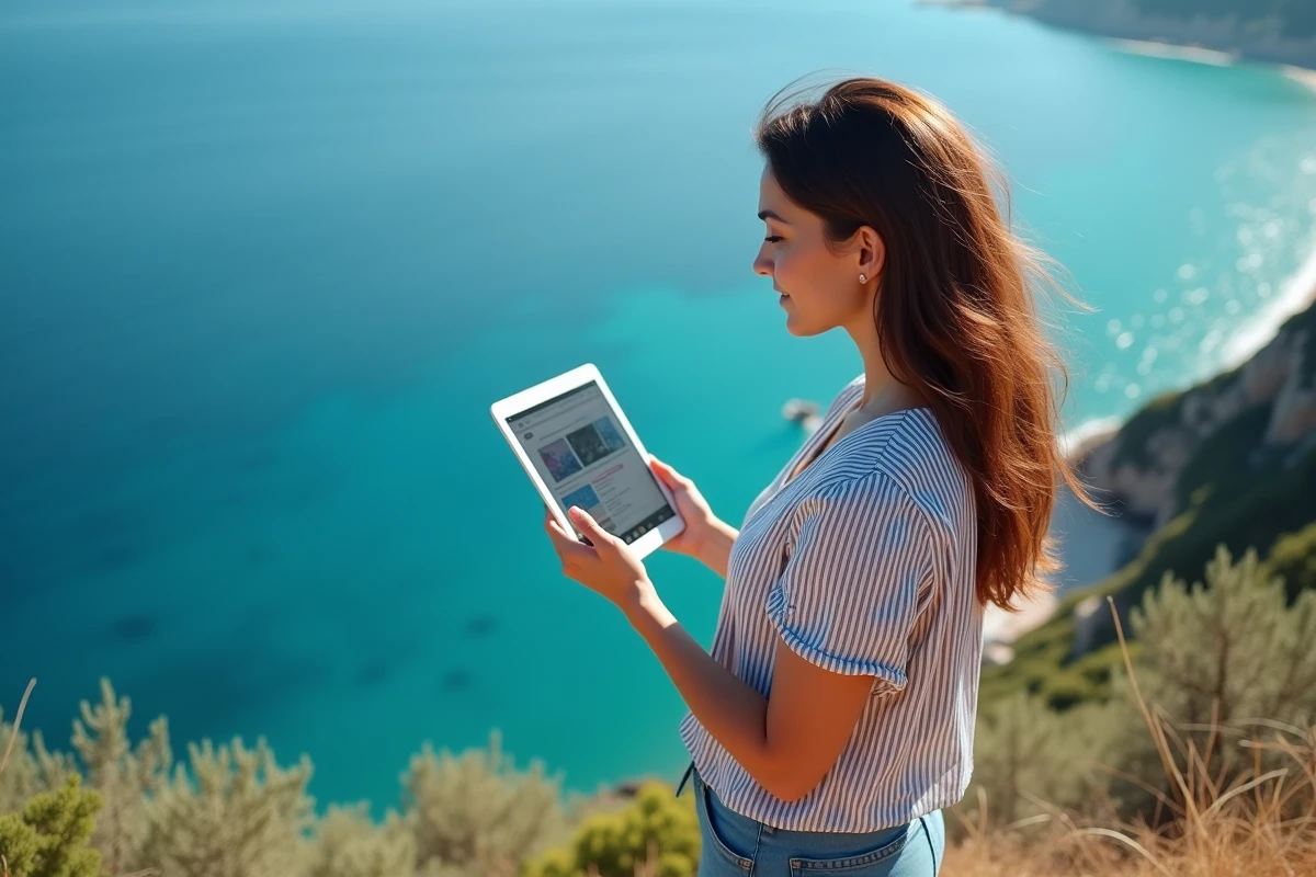 Jeune femme corse consultant un site d'actualité régionale sur tablette face au paysage côtier méditerranéen
