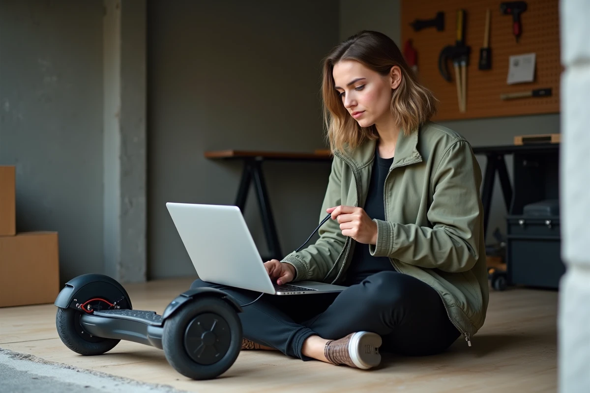 Femme connectant un câble à une trottinette électrique démontée dans un garage avec un ordinateur portable ouvert