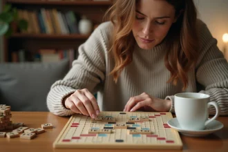 Femme adulte concentrée plaçant des lettres de Scrabble sur un plateau de jeu en bois dans un salon cosy