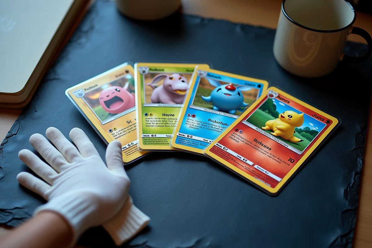 Vue en plongée de cinq cartes illustration spéciale rares de l'extension Pokémon Aventure Ensemble disposées en éventail sur une surface en ardoise sombre