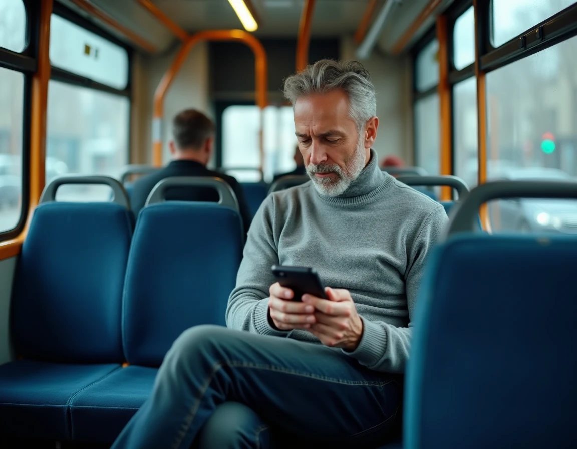 Homme consultant la carte des lignes de bus parisiens sur smartphone dans un bus RATP