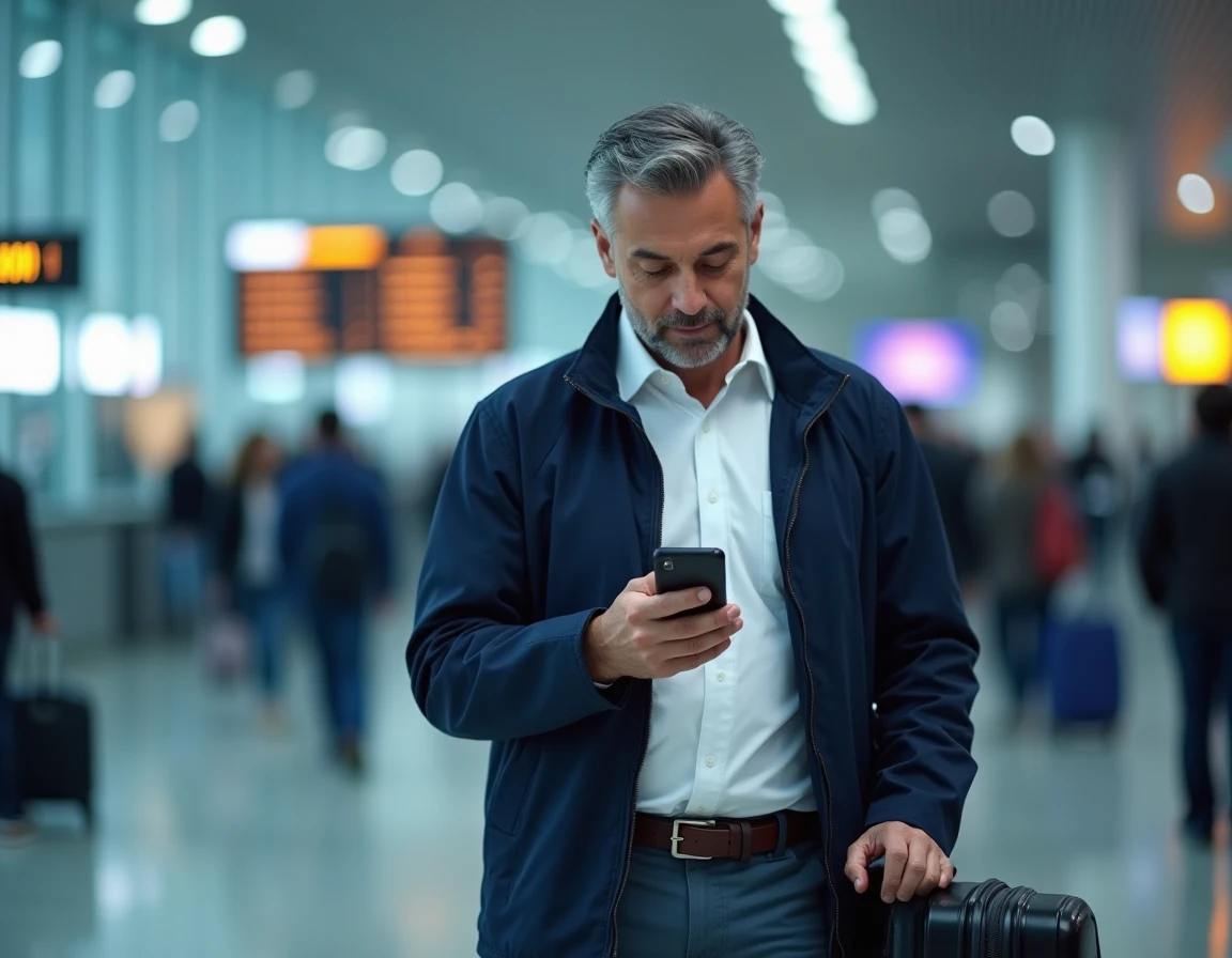 Homme consultant une application de comparaison d'assurances voyage dans un aéroport avant son départ