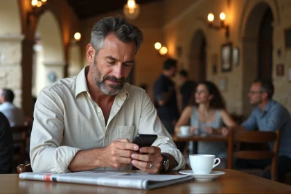 Homme corse consultant un site d'information sur smartphone dans un café traditionnel à côté d'un journal papier régional