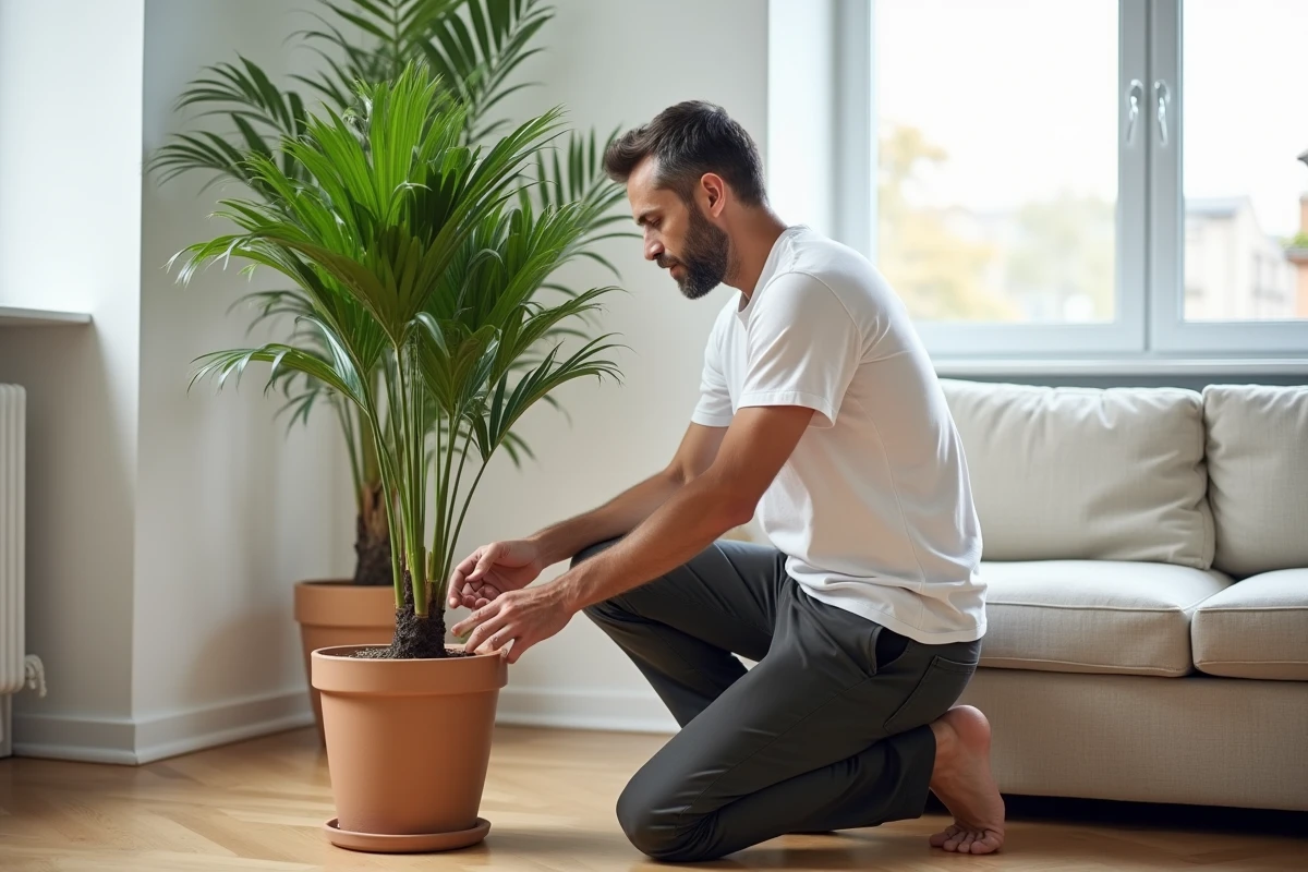 Homme inspectant un palmier Kentia en pot dans un salon scandinave moderne aux tons neutres