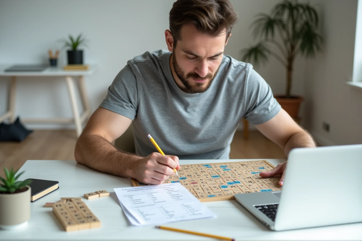 Homme adulte étudiant une liste de mots stratégiques pour progresser au Scrabble dans un bureau minimaliste