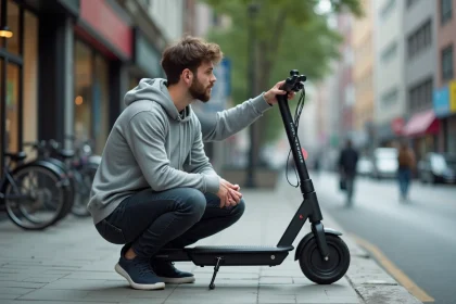 Homme accroupi inspectant l'écran de commande d'une trottinette électrique sur un trottoir urbain